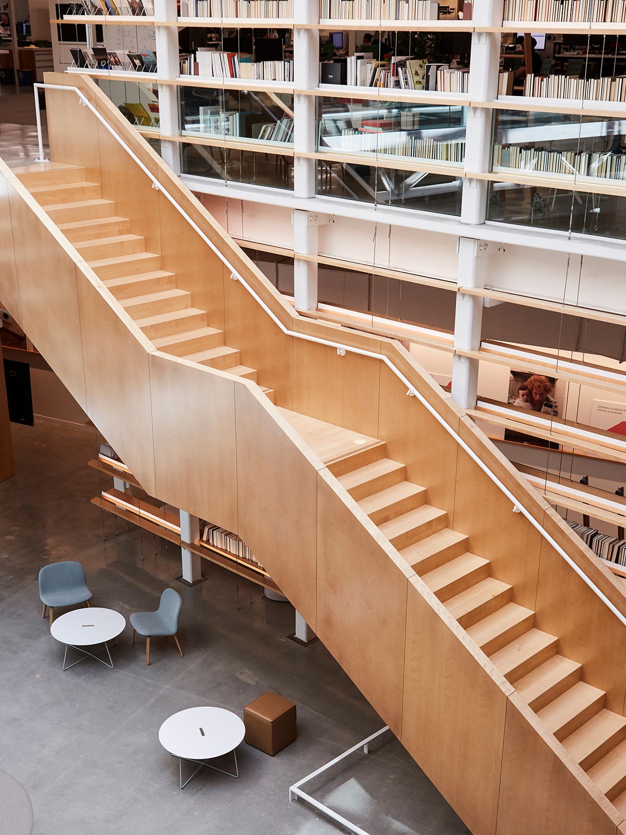 floating wood staircase in Google Design Lab